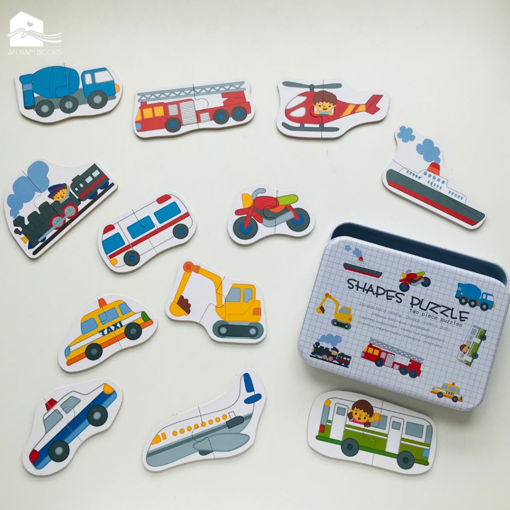 Wooden Transportation Shape Puzzle Set for Kids – Two-Piece Vehicles Puzzle