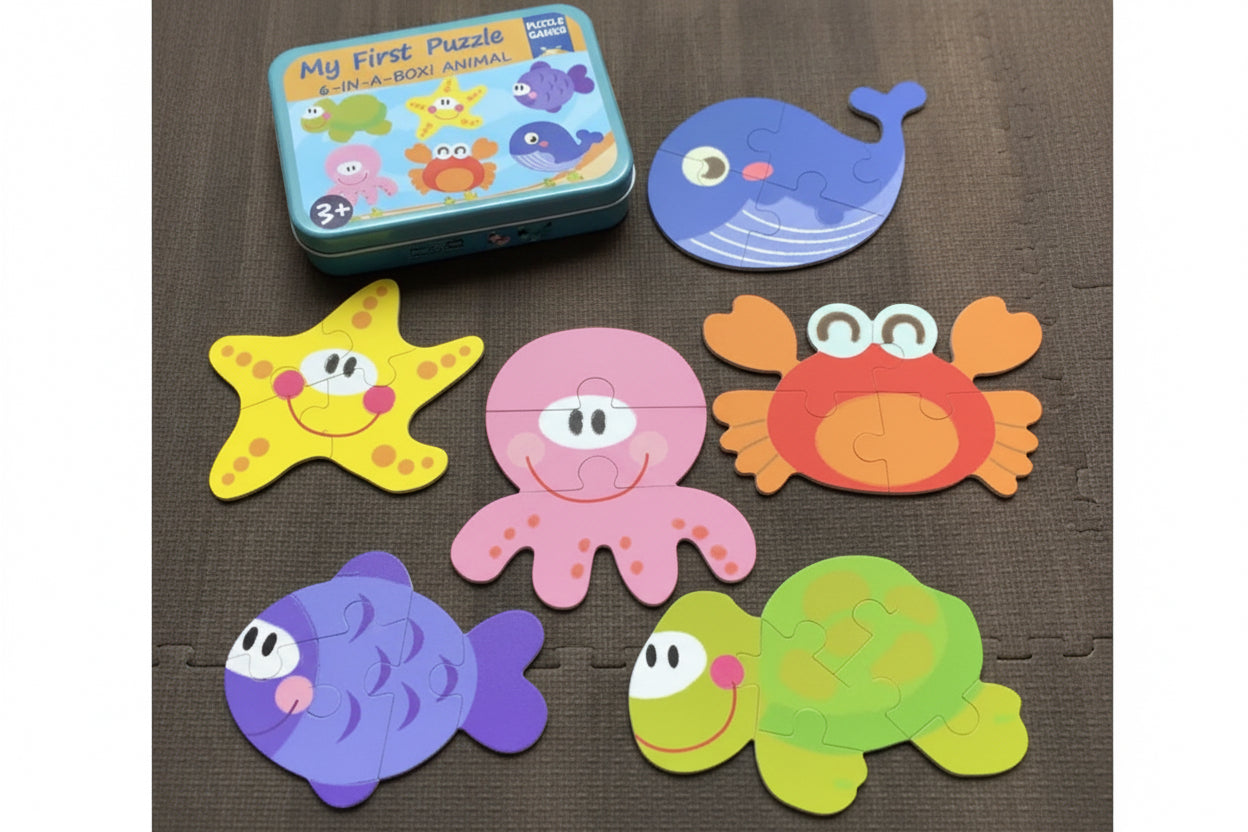 My First Wooden Sea Animals Jigsaw Puzzle Set – 5-in-1 Educational Tin Box