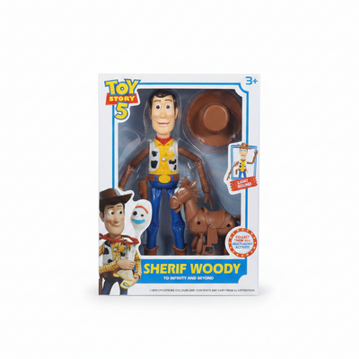 Toy Story Sheriff Woody action figure in packaging with branding and character illustrations.
