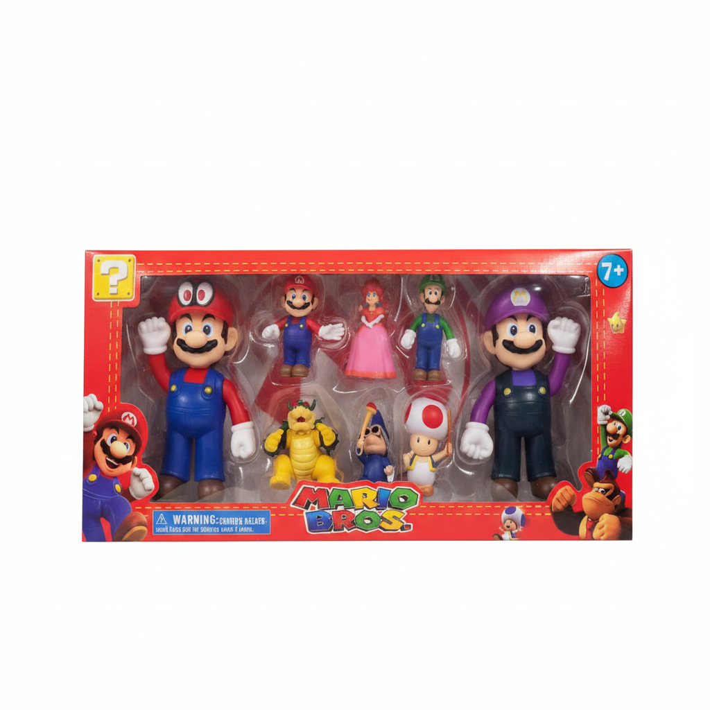 Collection of Mario-themed action figures in a display box on a store shelf.