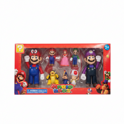 Collection of Mario-themed action figures in a display box on a store shelf.