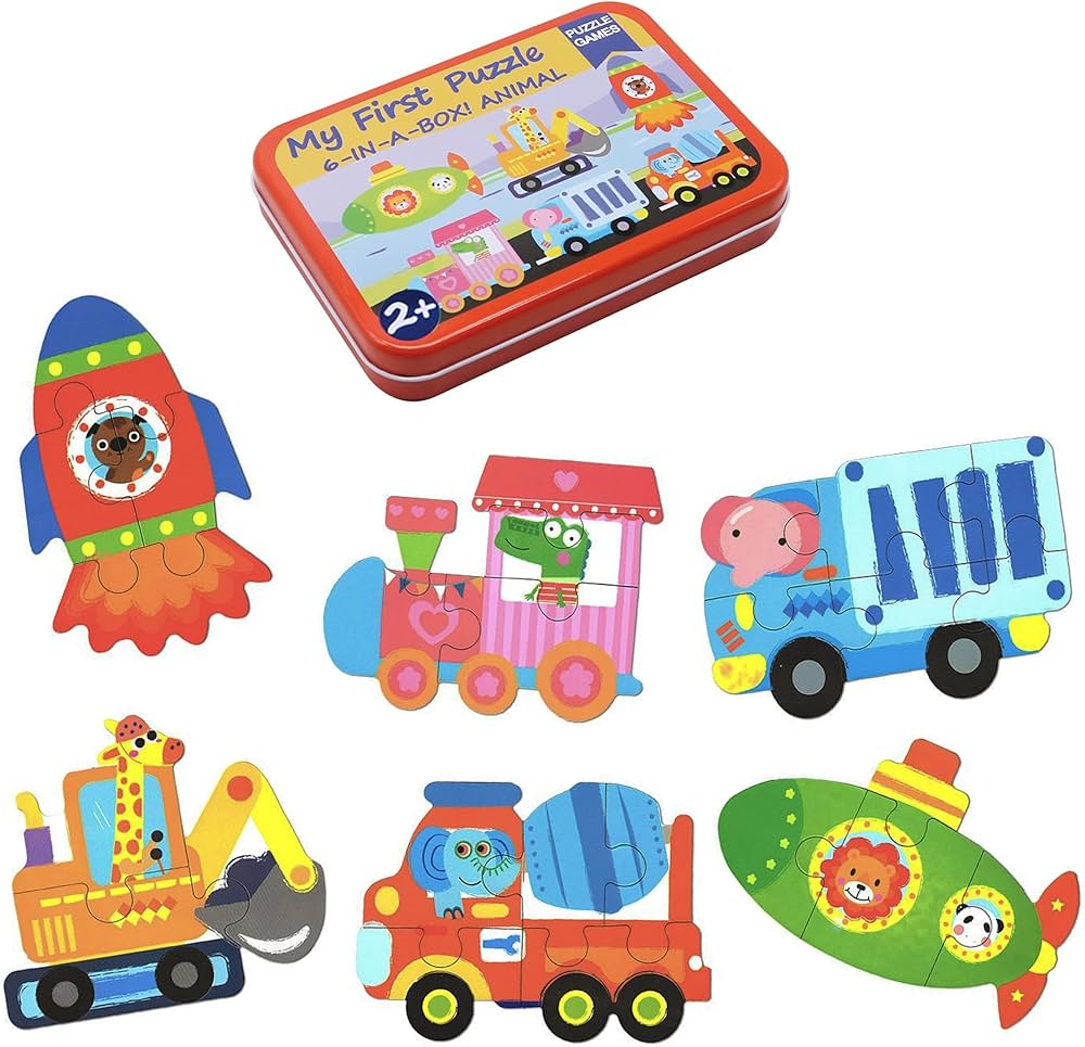My First Wooden Jigsaw Puzzle Set – Animals in Vehicles Collection (6-in-1 Tin Box)