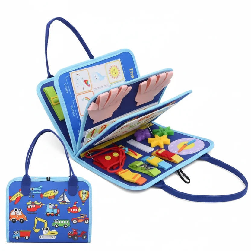 Montessori  vechiles themed Felt Busy Board – 20-in-1 Portable Activity Book