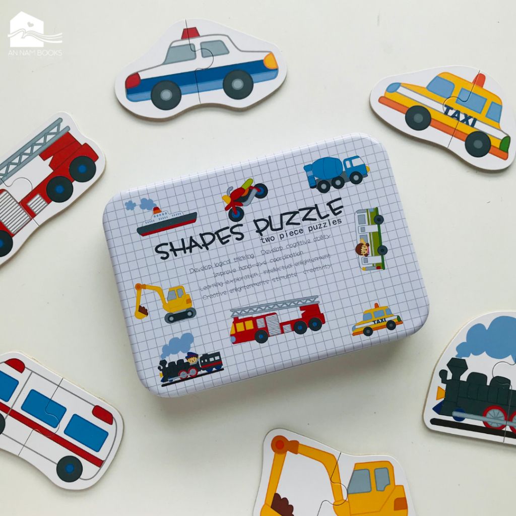 Wooden Transportation Shape Puzzle Set for Kids – Two-Piece Vehicles Puzzle