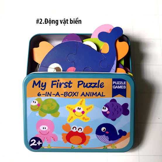 My First Wooden Sea Animals Jigsaw Puzzle Set – 5-in-1 Educational Tin Box