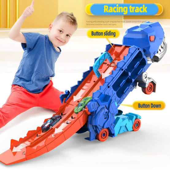 Dinosaur Transporter Truck & Transforming Race Track Set for Kids (Ages 3â€“6)