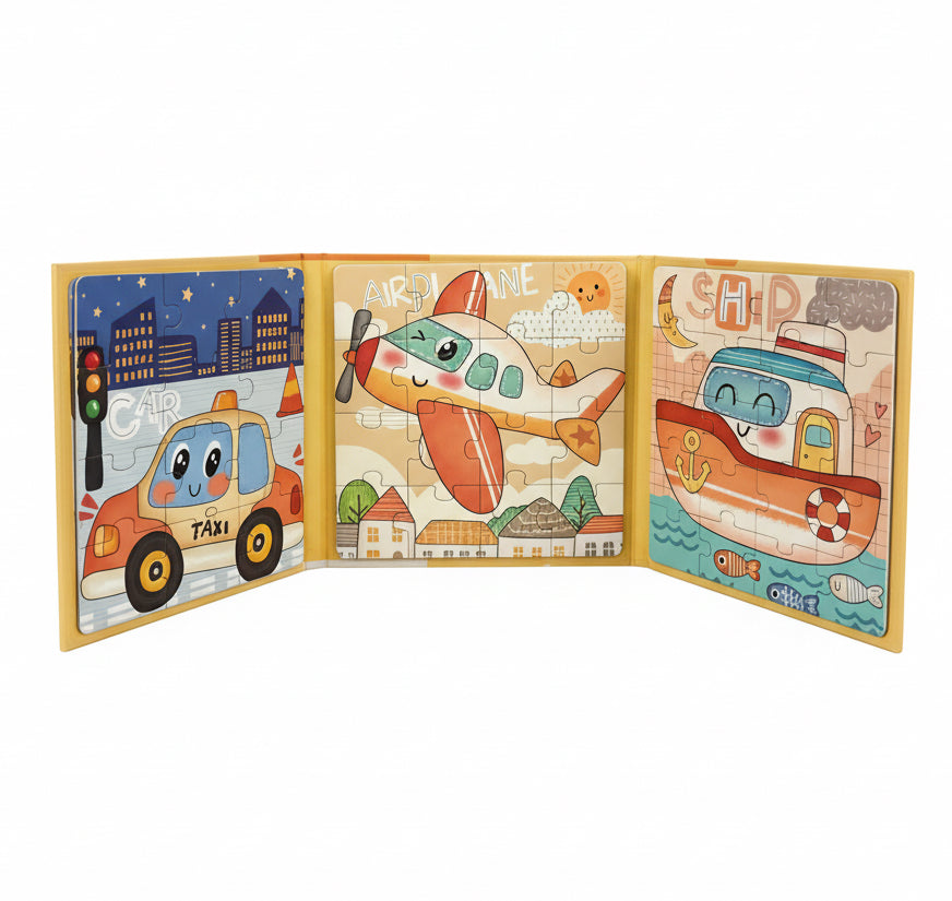 Step-by-Step Magnetic Vehicles Puzzle – 3-in-1 Leveled Learning Book