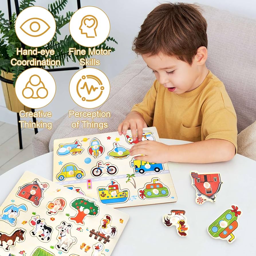 Ultimate Wooden Peg Puzzle bundle– 3-in-1: Farmyard Fun, Wildlife Safari, and Vehicles & Spaceships
