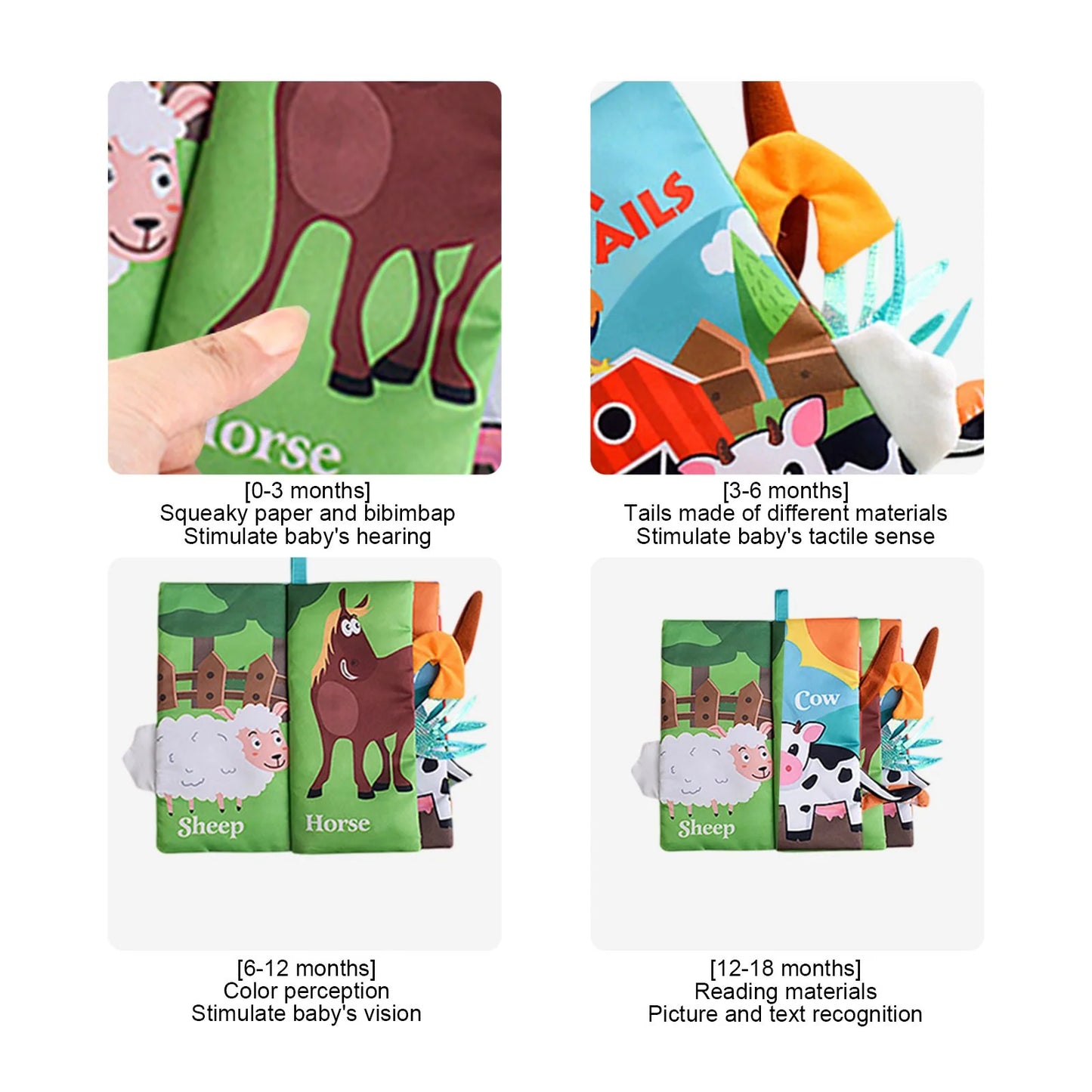Farm Animals Soft Cloth Book for Babies – Sensory Tails & Sound Buttons (0–36 Months)