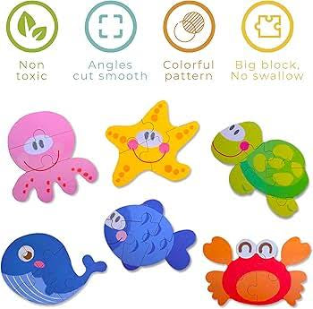 My First Wooden Sea Animals Jigsaw Puzzle Set – 5-in-1 Educational Tin Box