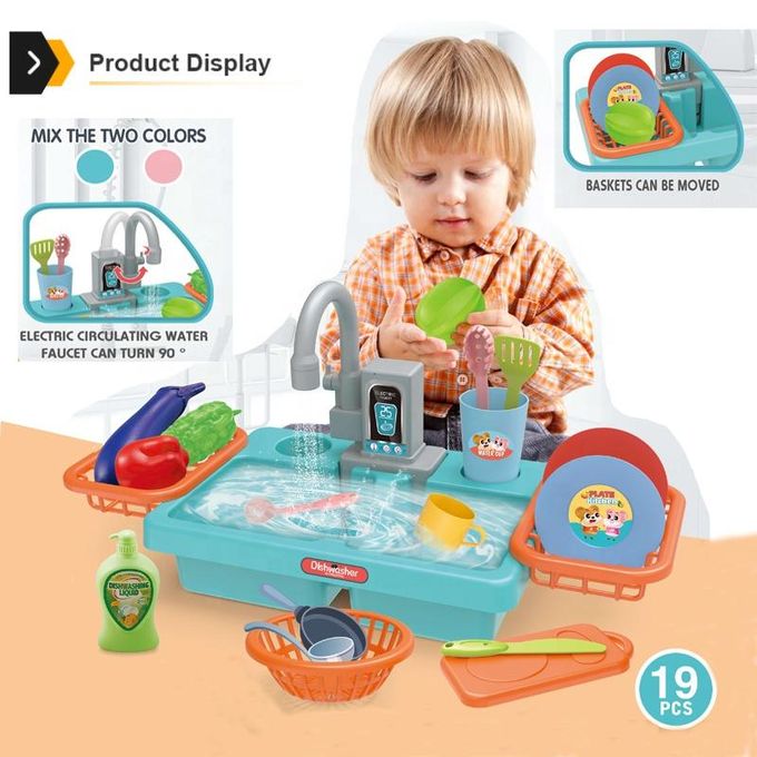 Kids Electric Play Dishwasher & Sink Toy Set with Running Water – 19 Pieces
