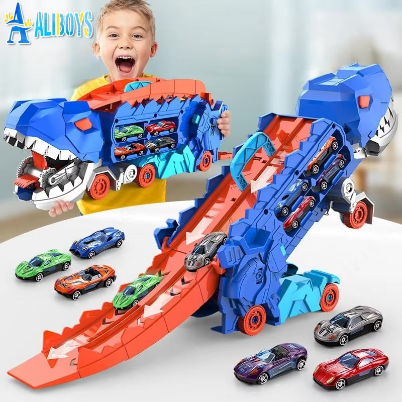 Dinosaur Transporter Truck & Transforming Race Track Set for Kids (Ages 3â€“6)
