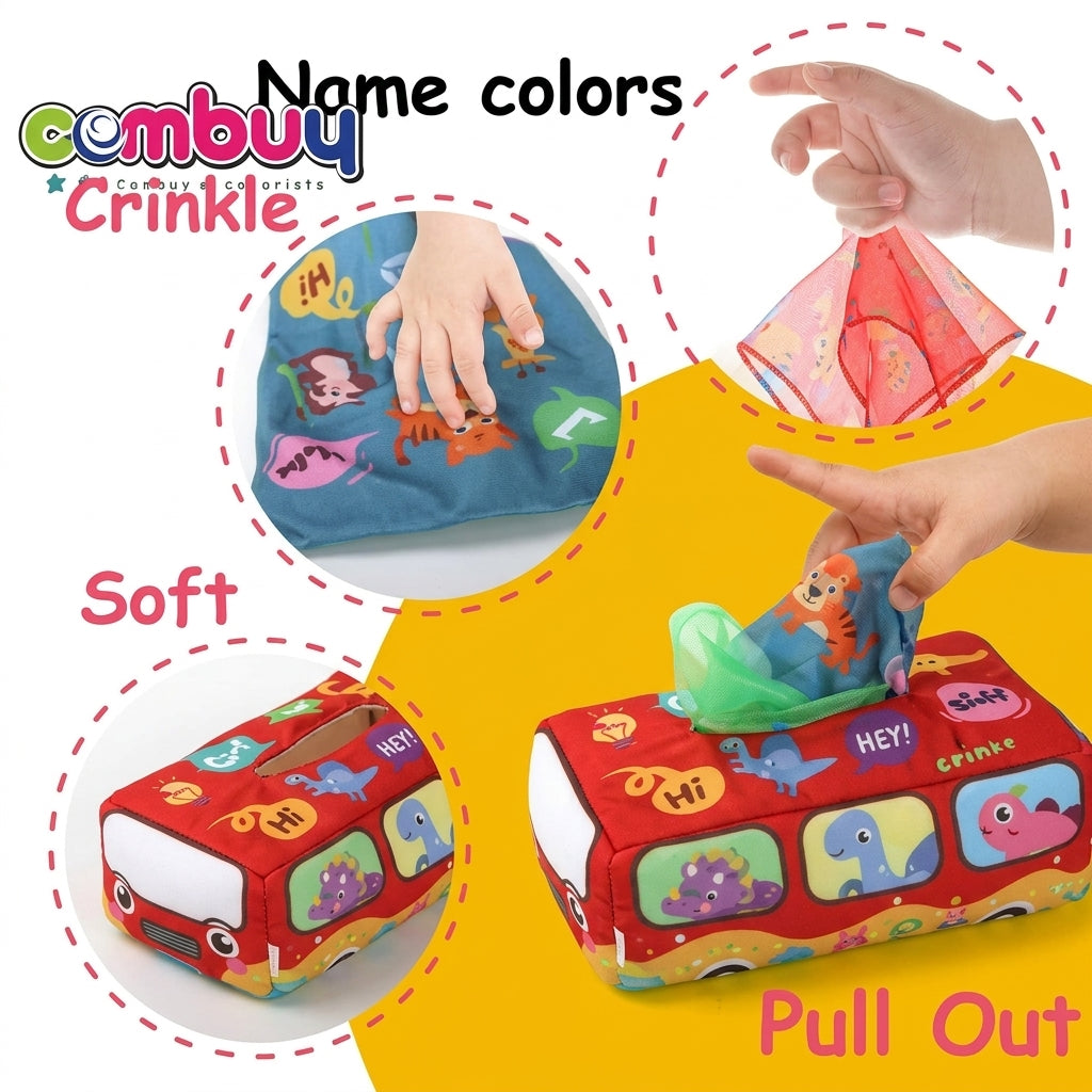 Baby Sensory Tissue Box Toy with Silk Scarves & Crinkle Cloths – Bus & Dinosaur Series (Ages 6M+)