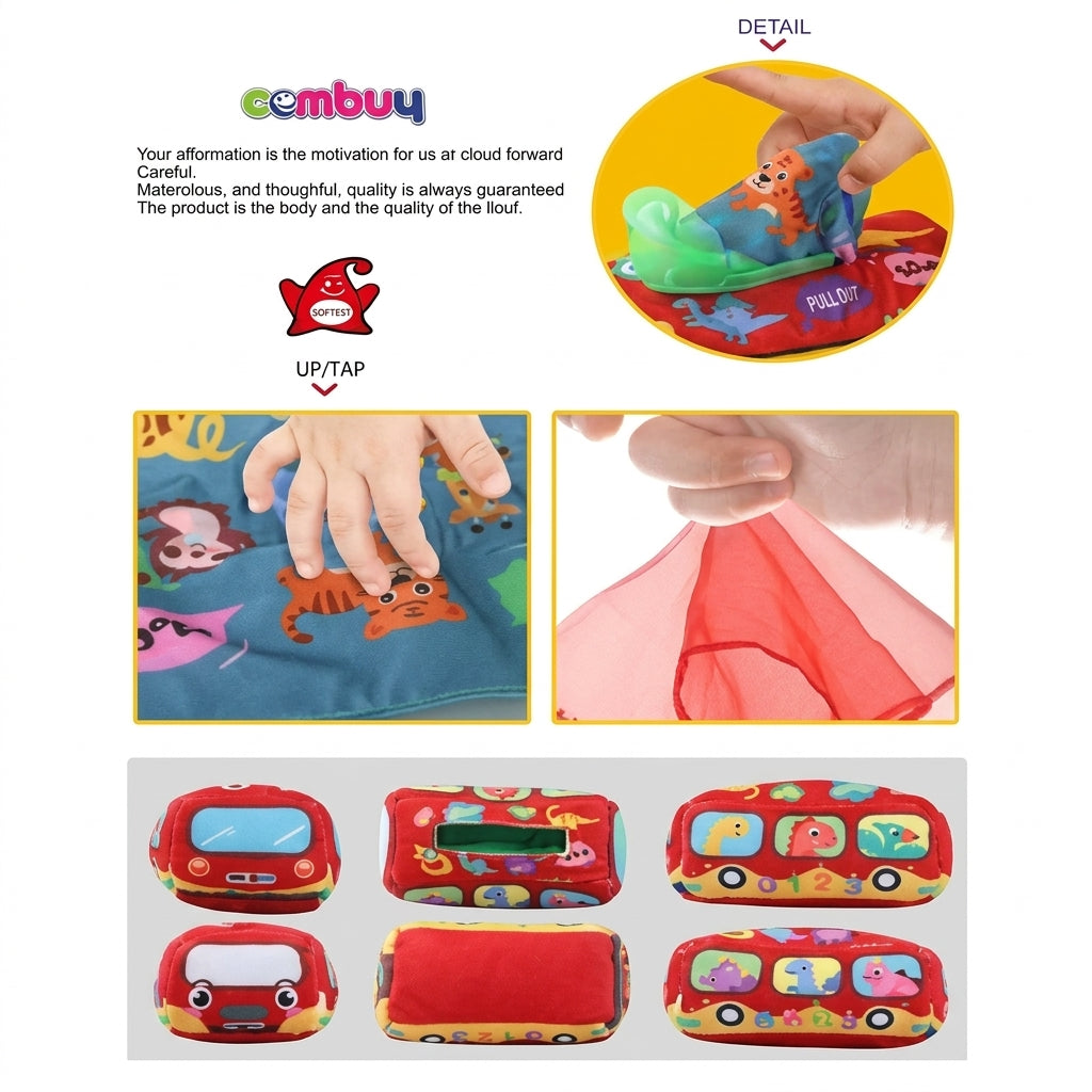 Baby Sensory Tissue Box Toy with Silk Scarves & Crinkle Cloths – Bus & Dinosaur Series (Ages 6M+)