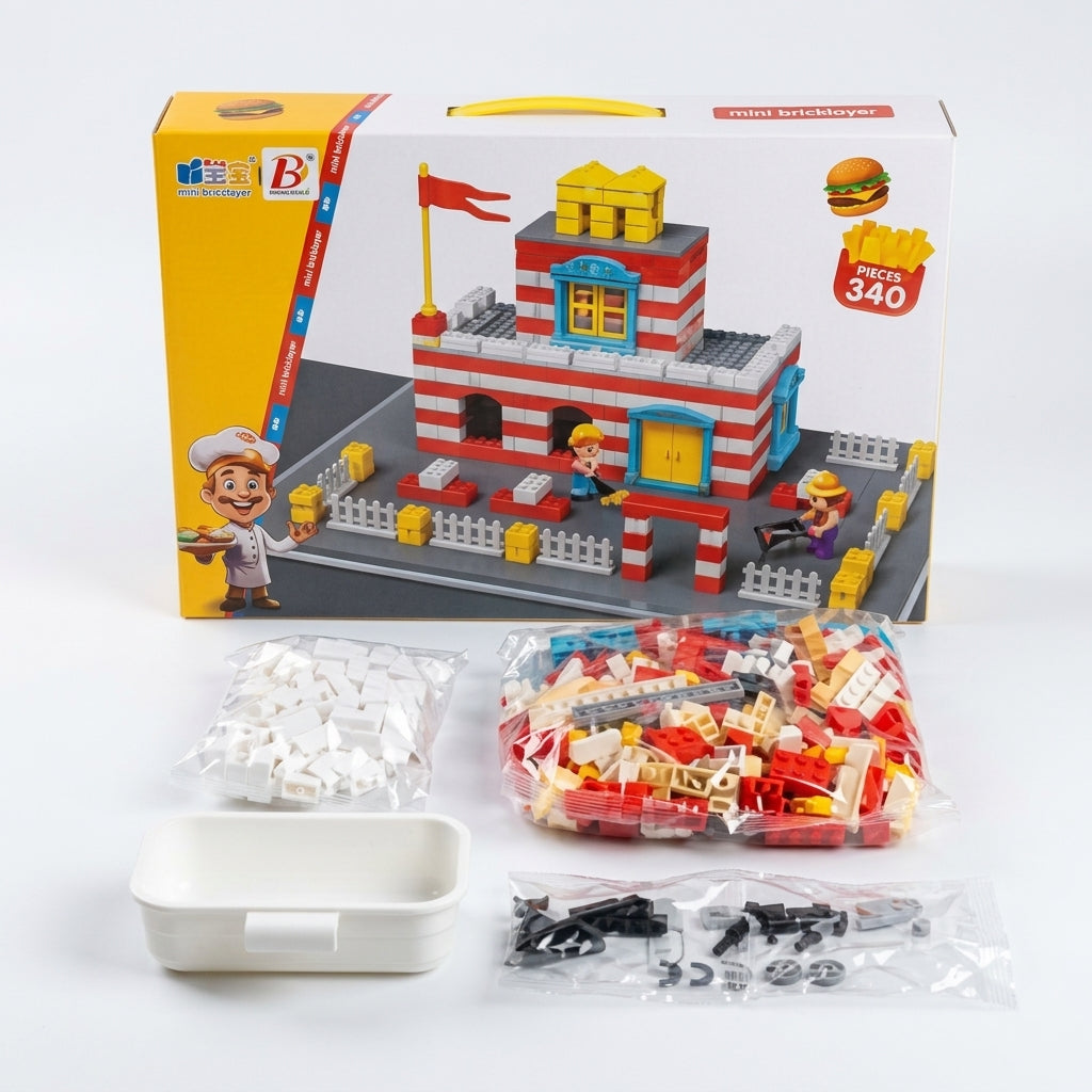 A toy building block set shown with its retail box and unpacked contents on a white studio background. The set includes a red-and-white brick building model, small worker figures, gray fences, yellow accents, and multiple bags of loose blocks and small black hardware pieces.
