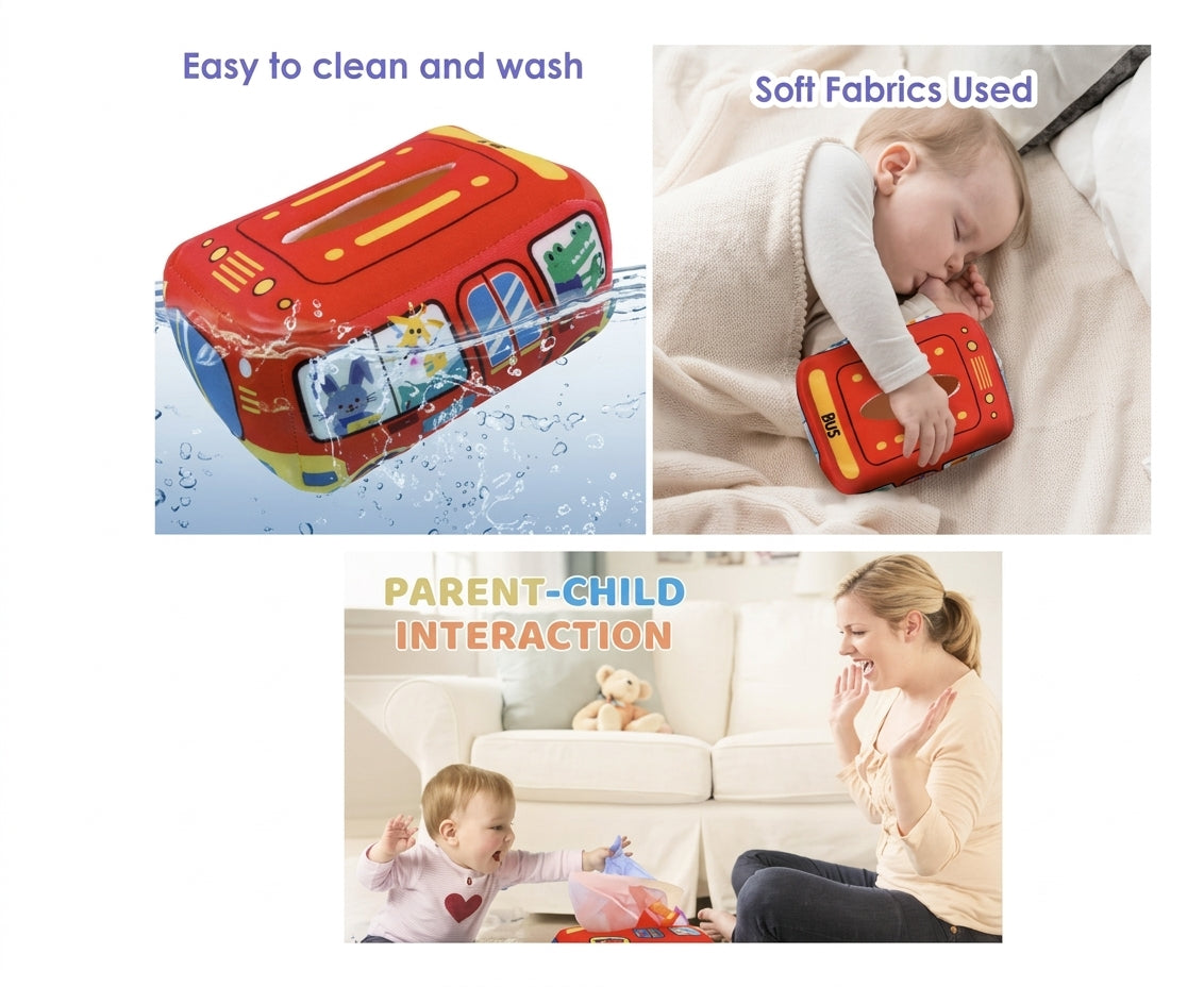 Baby Sensory Tissue Box Toy with Silk Scarves & Crinkle Cloths – Bus & Dinosaur Series (Ages 6M+)