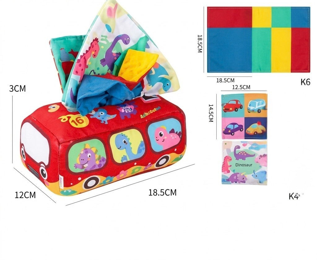 Baby Sensory Tissue Box Toy with Silk Scarves & Crinkle Cloths – Bus & Dinosaur Series (Ages 6M+)