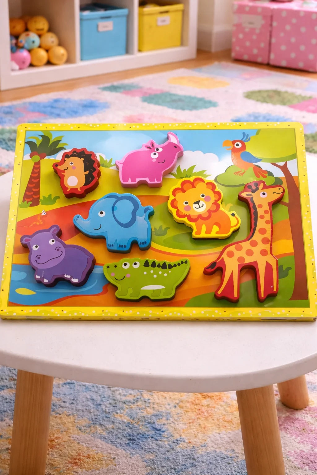 Cute Animals Wooden Chunky Puzzle Board with Stand-Up Safari Animal Figures (Ages 12m+)