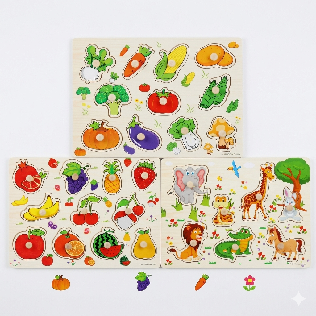 3-in-1 Wooden Peg Puzzle Bundle – Fruits, Vegetables, and Jungle Animals
