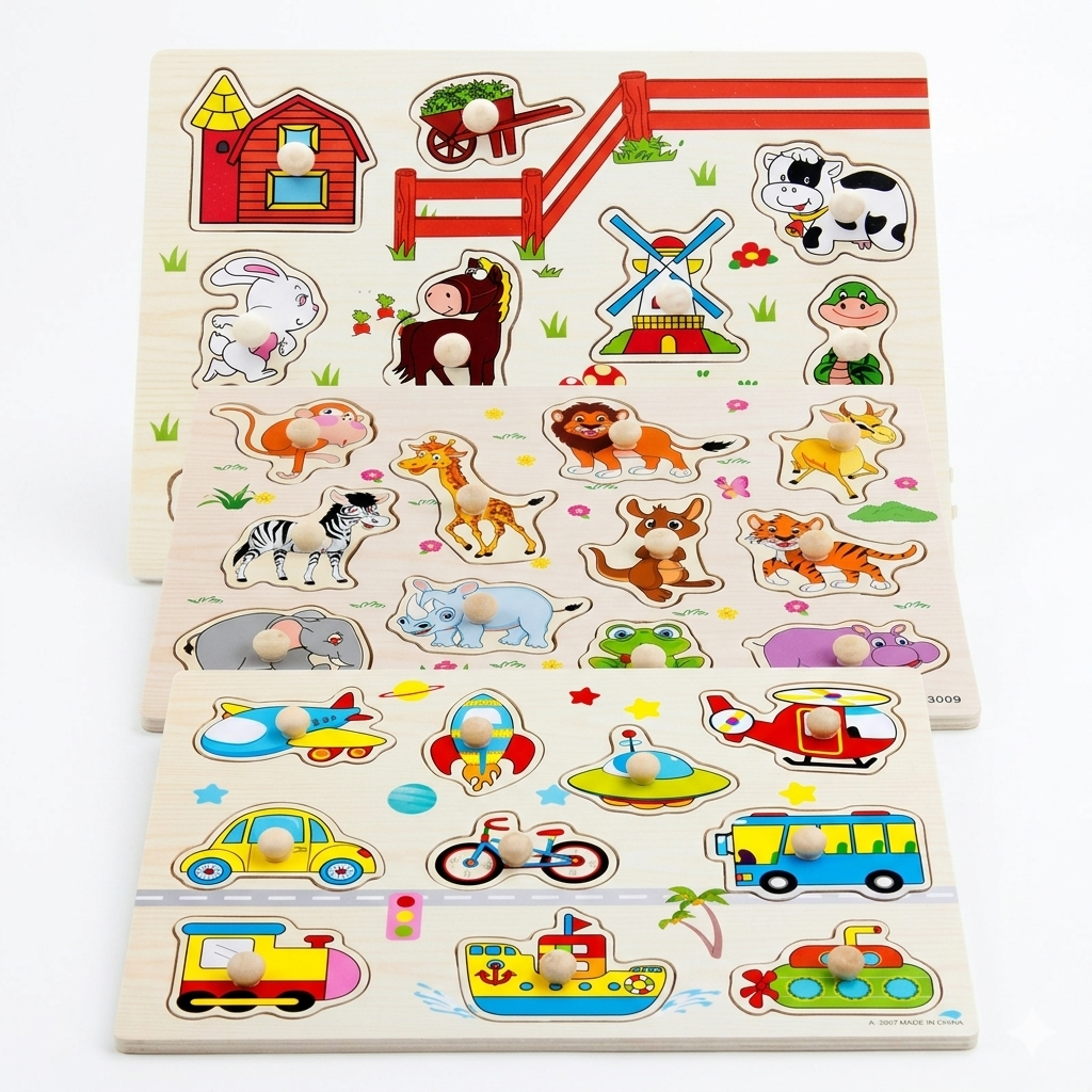Ultimate Wooden Peg Puzzle bundle– 3-in-1: Farmyard Fun, Wildlife Safari, and Vehicles & Spaceships