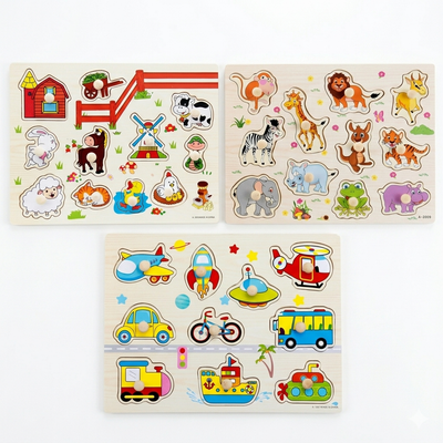 Ultimate Wooden Peg Puzzle bundle– 3-in-1: Farmyard Fun, Wildlife Safari, and Vehicles & Spaceships