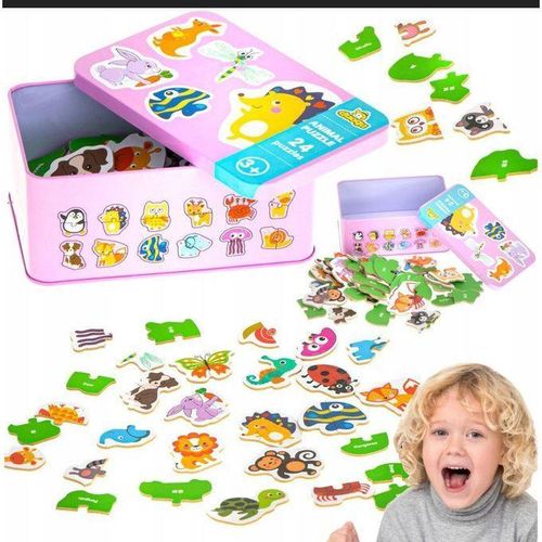 Wooden Animals Cartoon Puzzle Set– 24 Pieces Educational Animal & Shape Toy