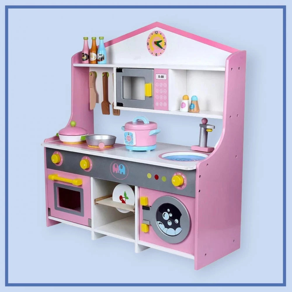 Interactive Wooden Play Kitchen Set with Cooking Accessories & Washing Machine (Pink & White)