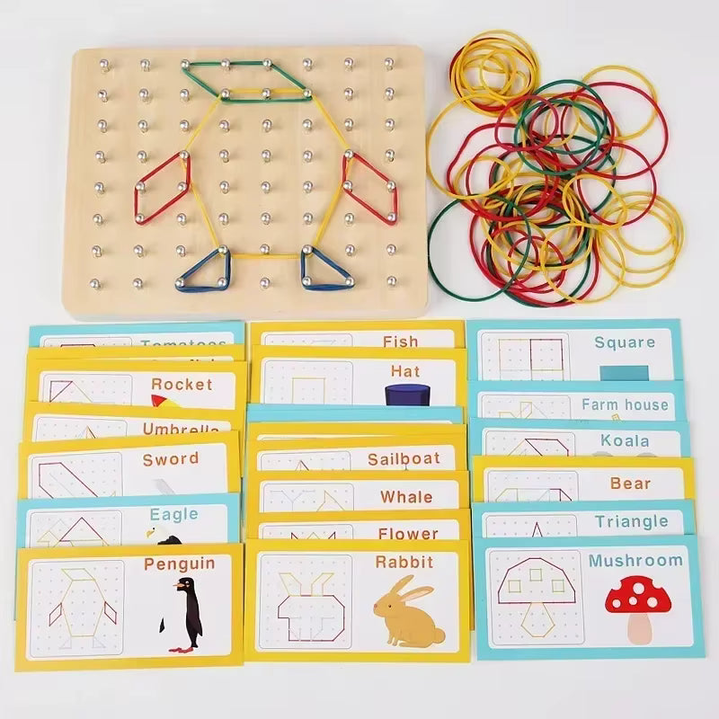 Wooden Small Nail Board Geoboard & Rubber Band Pattern Set for Kids (Ages 3–6)