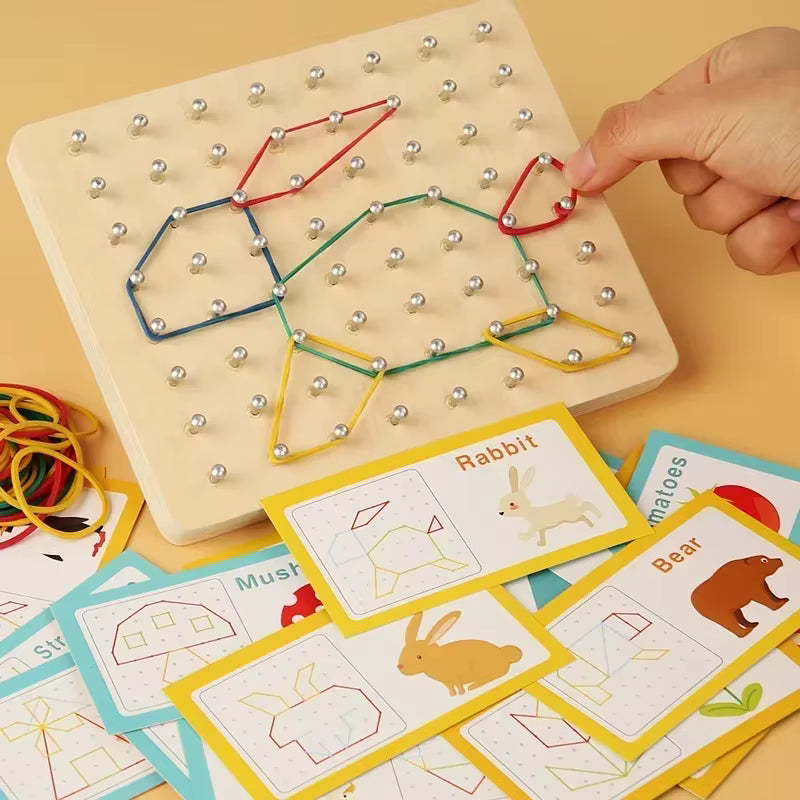 Wooden Small Nail Board Geoboard & Rubber Band Pattern Set for Kids (Ages 3–6)