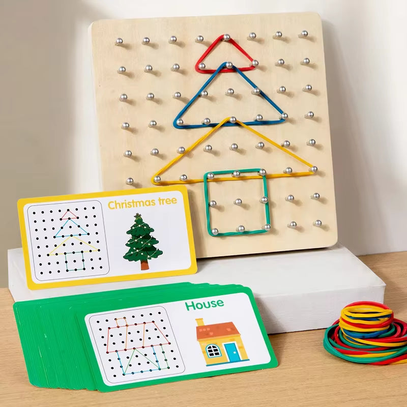 Wooden Small Nail Board Geoboard & Rubber Band Pattern Set for Kids (Ages 3–6)