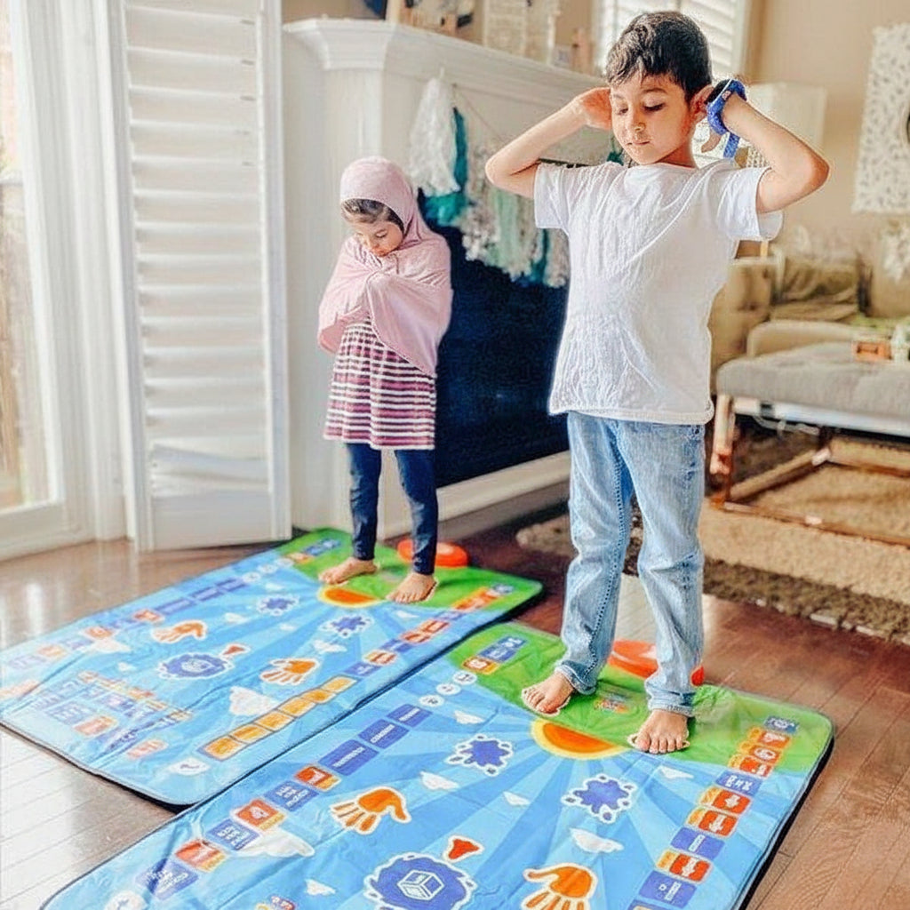 Two children on electronic prayer mats in a living room with Arabic text overlay.