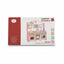 A boxed children's toy kitchen set photographed on a cardboard surface. The package is mostly white and red, with a large illustration of a pink play kitchen on the front.