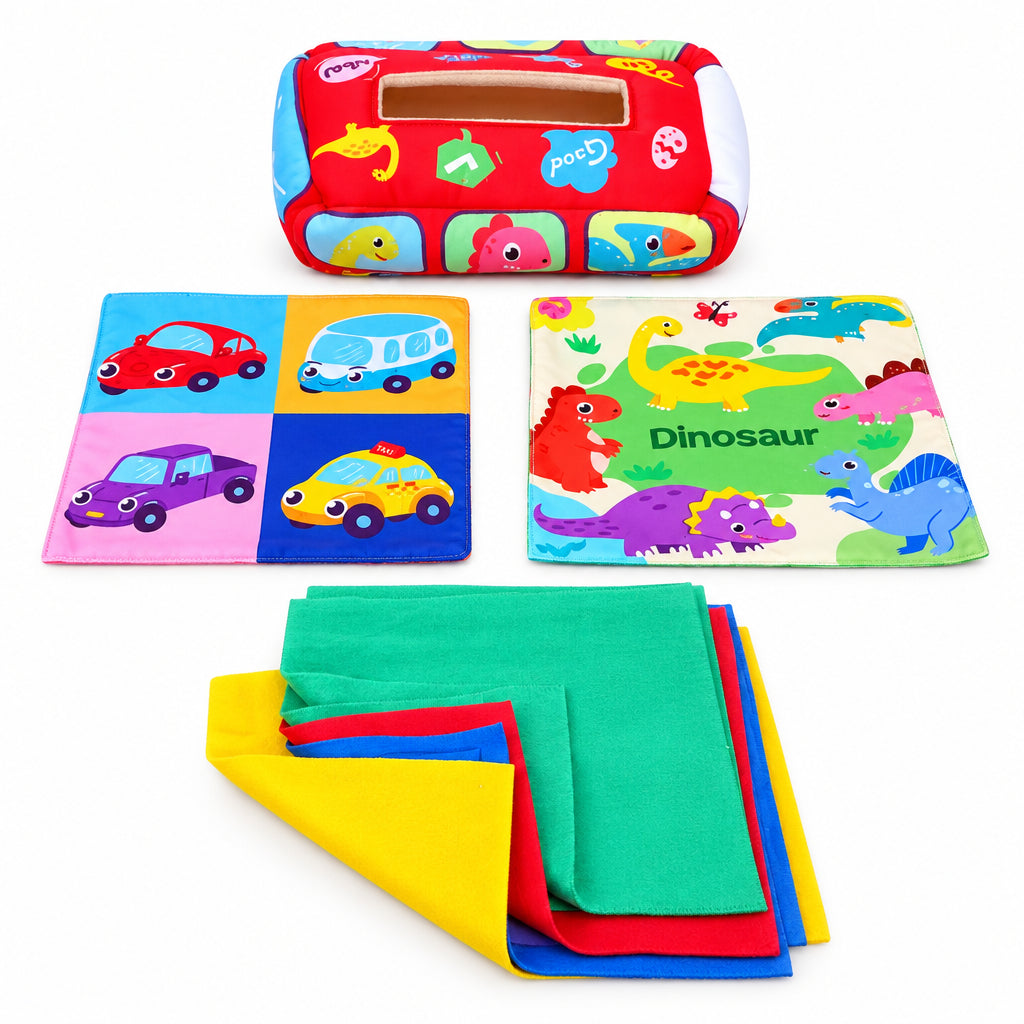 Baby Sensory Tissue Box Toy with Silk Scarves & Crinkle Cloths – Bus & Dinosaur Series (Ages 6M+)