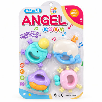 Angel Baby Sensory Rattle & Teether Toy Set with Animal Shapes & Easy-Grip Handles (Ages 3m+)