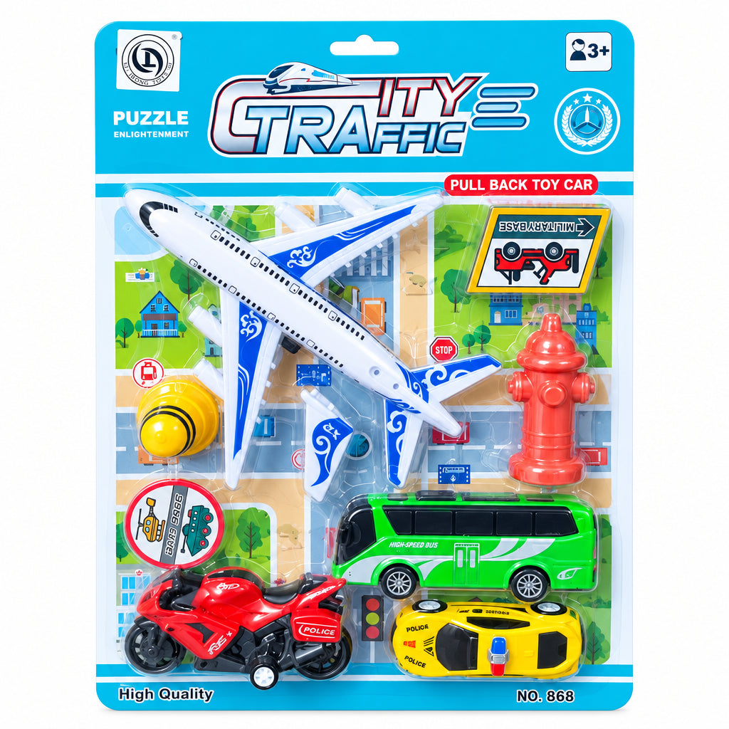 City Police & Traffic Interactive Pull-Back Vehicle Playset with Airplane, Bus & Cars (Ages 3+ Years)