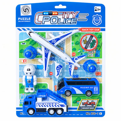 City Police & Traffic Interactive Pull-Back Vehicle Playset with Airplane, Bus & Cars (Ages 3+ Years)