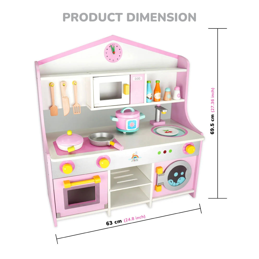 Pink and white wooden toy kitchen playset with cooking utensils, stovetop, oven, microwave, shelves, and a washing machine door, shown with dimension lines and text indicating product dimensions.