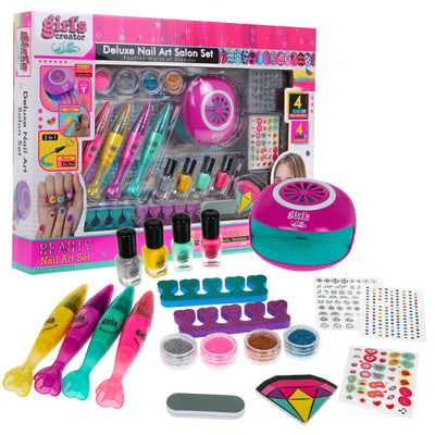 Girl’s Creator Deluxe Nail Art Salon Set with Battery Dryer & 2-in-1 Art Pens (Ages 6+)