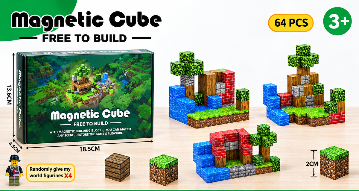Minecraft-Style "Magnetic Cube - Free to Build" 3D Interactive Building Blocks Set (Ages 3+ Years)