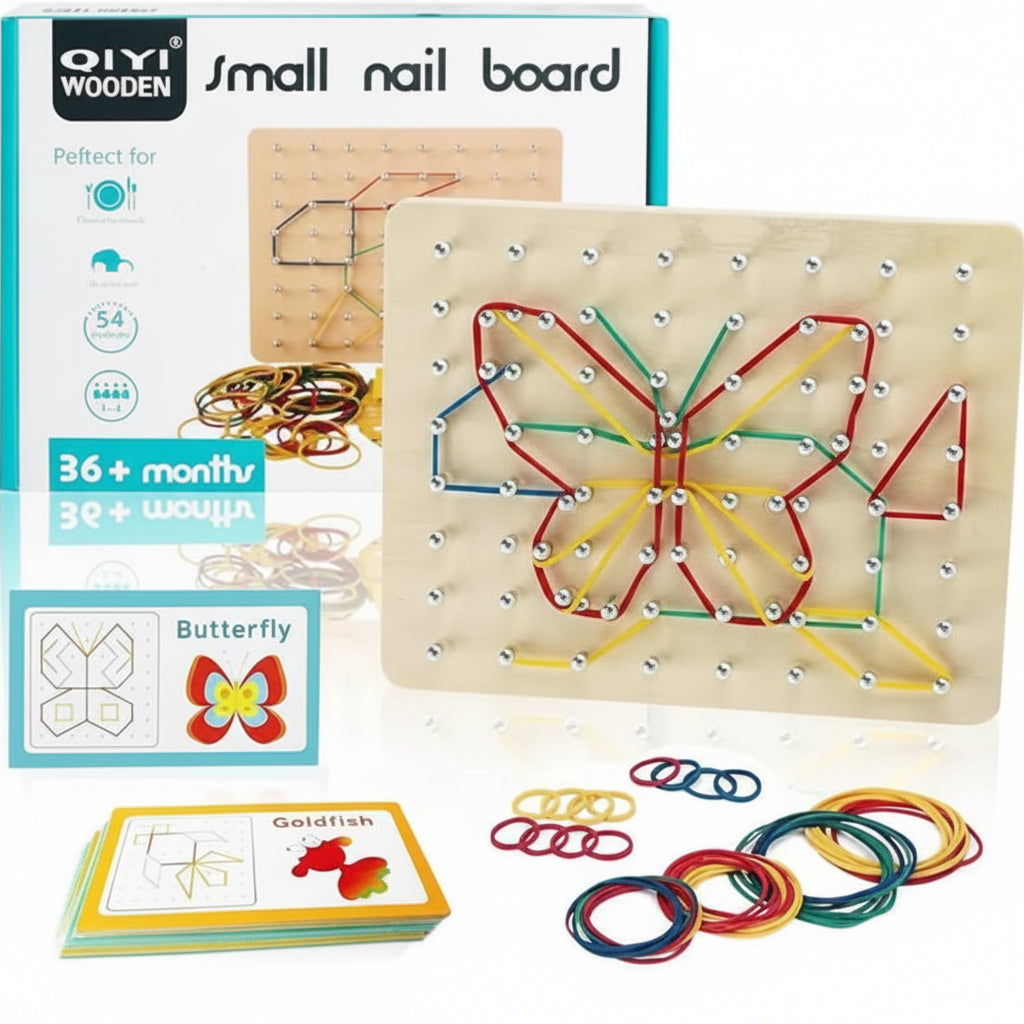 Wooden Small Nail Board Geoboard & Rubber Band Pattern Set for Kids (Ages 3–6)