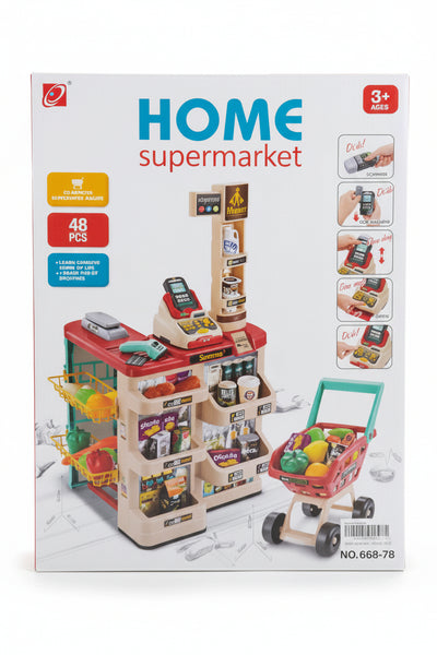 Toy supermarket set packaging with various toy items on a white background