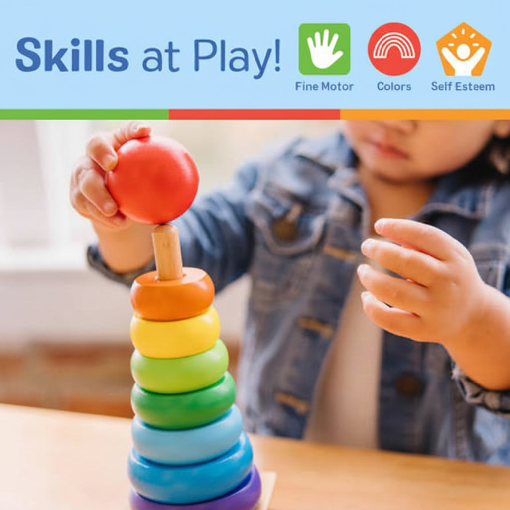 Wooden Rainbow Stacking Ring Tower Classic Montessori Stacker & Color Sorting Toy for Toddlers (Ages 1-3)