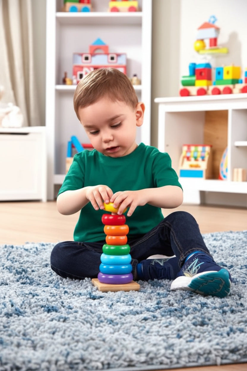 Wooden Rainbow Stacking Ring Tower Classic Montessori Stacker & Color Sorting Toy for Toddlers (Ages 1-3)