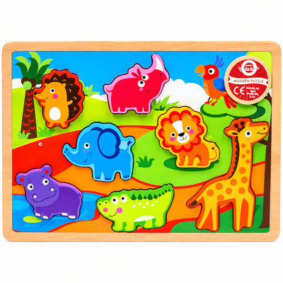 Cute Animals Wooden Chunky Puzzle Board with Stand-Up Safari Animal Figures (Ages 12m+)